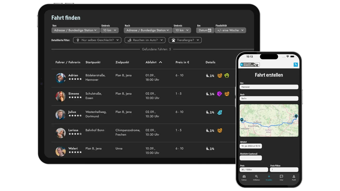Mockup der ToehooK Mitfahr-App für die Boulder Bundesliga.